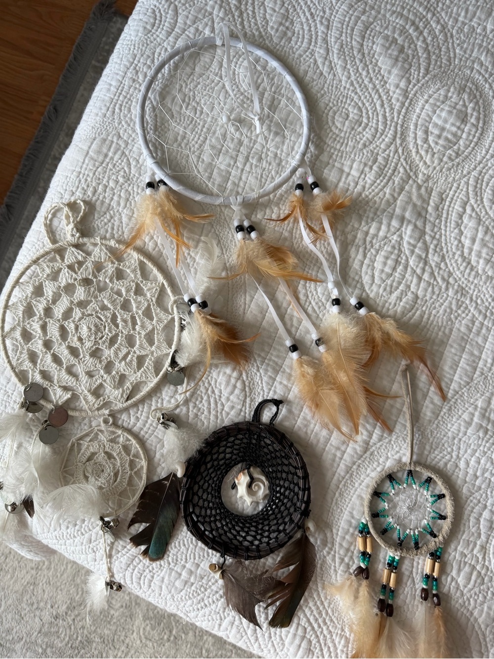 Boho Feather Dreamcatcher Wall Hanging - White and Tan
